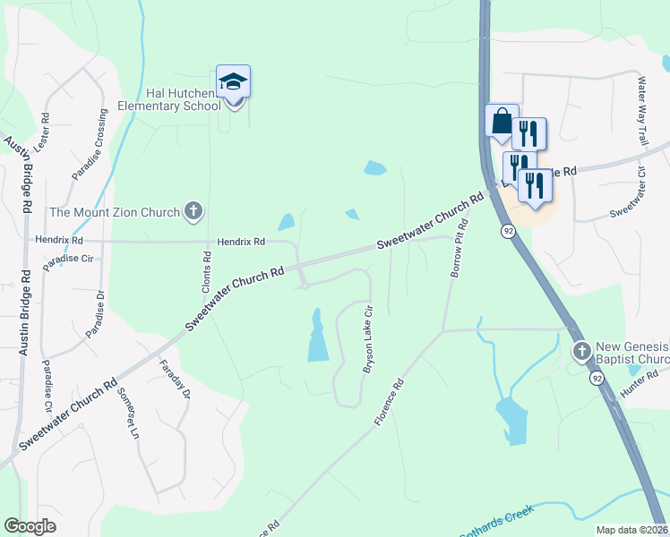 map of restaurants, bars, coffee shops, grocery stores, and more near 89 Bryson Lake Circle in Douglasville