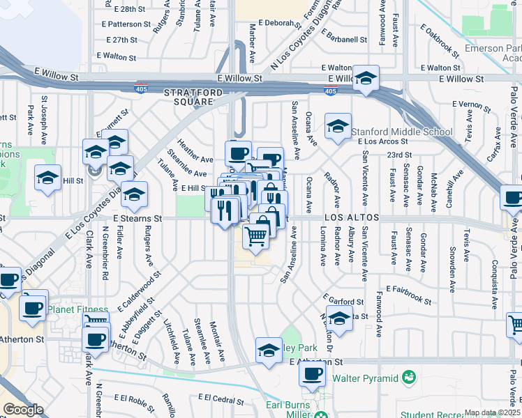 map of restaurants, bars, coffee shops, grocery stores, and more near 5545 East Stearns Street in Long Beach