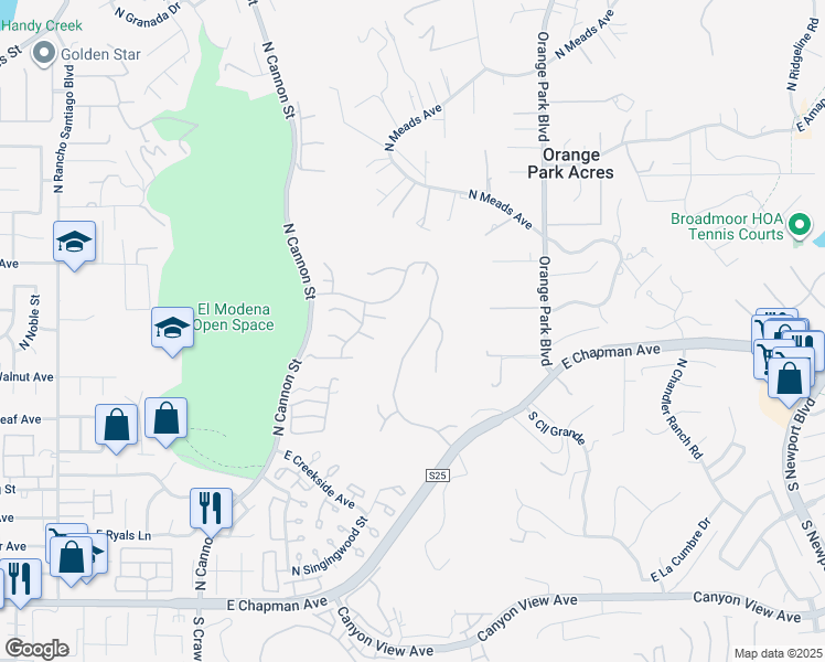 map of restaurants, bars, coffee shops, grocery stores, and more near 6216 East Cliffway Drive in Orange