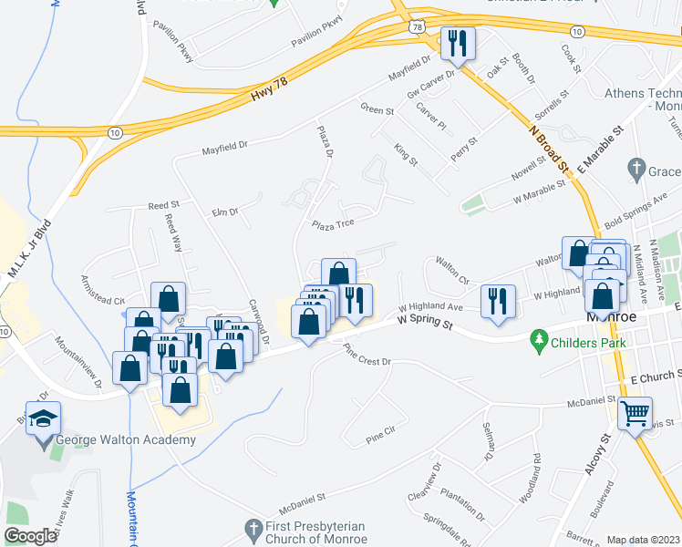 map of restaurants, bars, coffee shops, grocery stores, and more near 628 Ridge Road in Monroe