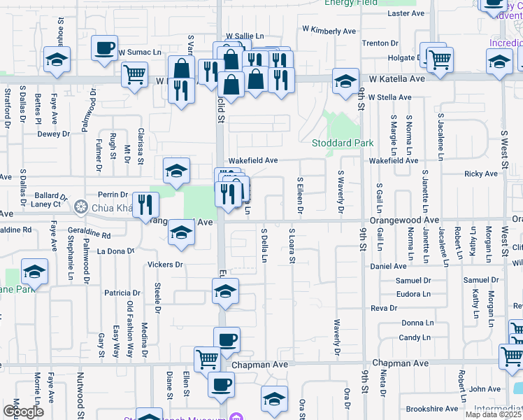 map of restaurants, bars, coffee shops, grocery stores, and more near 2071 South Della Lane in Anaheim