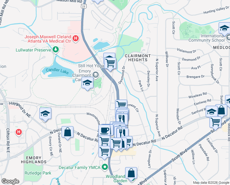 map of restaurants, bars, coffee shops, grocery stores, and more near 689 Brennan Drive in Decatur