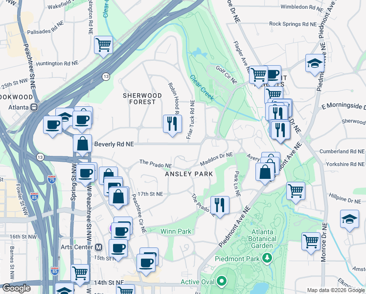 map of restaurants, bars, coffee shops, grocery stores, and more near 235 Beverly Road Northeast in Atlanta