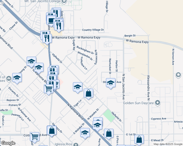 map of restaurants, bars, coffee shops, grocery stores, and more near 711 Attenborough Way in San Jacinto