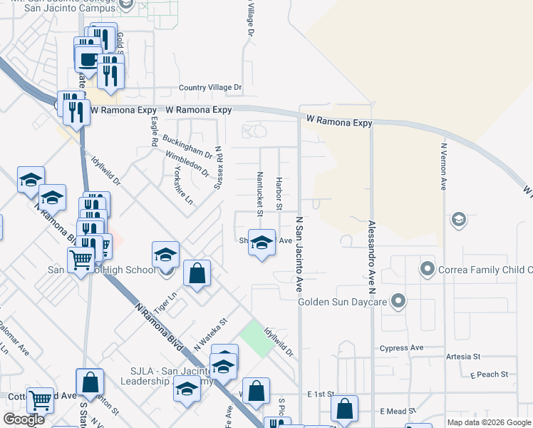 map of restaurants, bars, coffee shops, grocery stores, and more near 182 Tradewinds Lane in San Jacinto