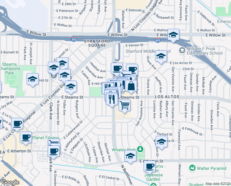 map of restaurants, bars, coffee shops, grocery stores, and more near 2202 North Bellflower Boulevard in Long Beach