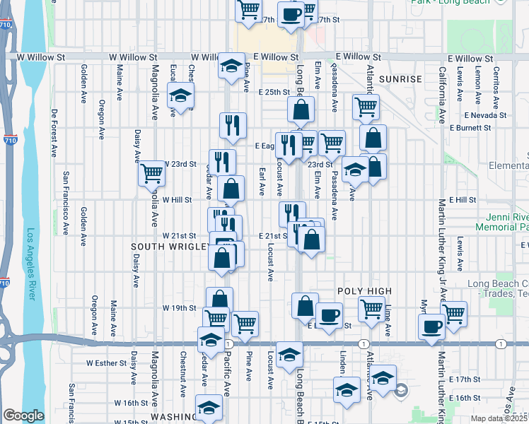 map of restaurants, bars, coffee shops, grocery stores, and more near 2160 Earl Avenue in Long Beach