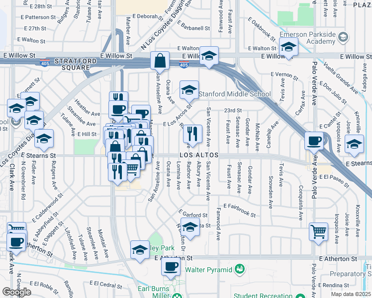 map of restaurants, bars, coffee shops, grocery stores, and more near 2213 Radnor Ave in Long Beach
