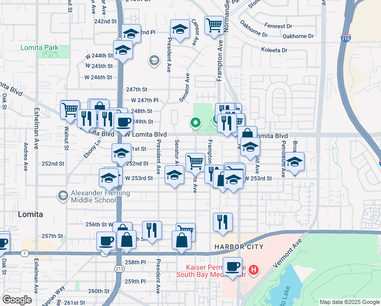 map of restaurants, bars, coffee shops, grocery stores, and more near 1408 251st Street in Los Angeles