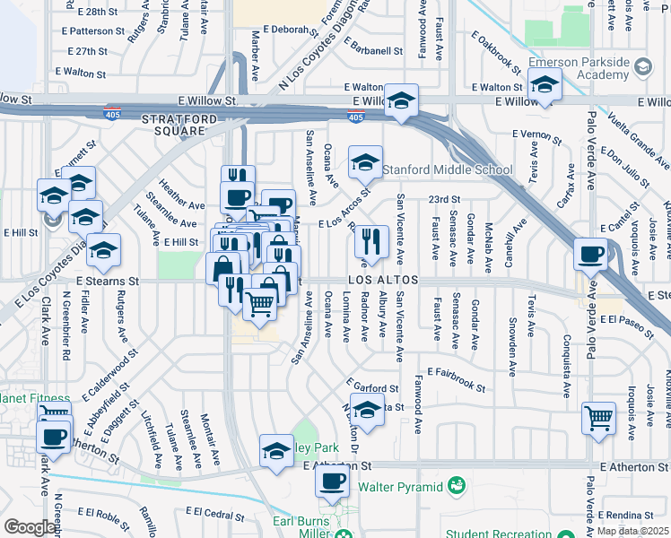 map of restaurants, bars, coffee shops, grocery stores, and more near 2212 Ocana Avenue in Long Beach