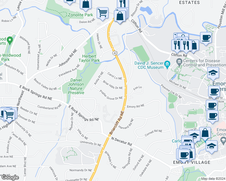 map of restaurants, bars, coffee shops, grocery stores, and more near 1237 Briar Hills Drive Northeast in Atlanta