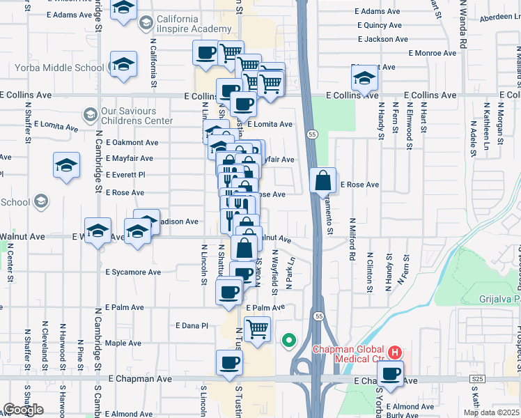 map of restaurants, bars, coffee shops, grocery stores, and more near 2515 East Orange Grove Avenue in Orange