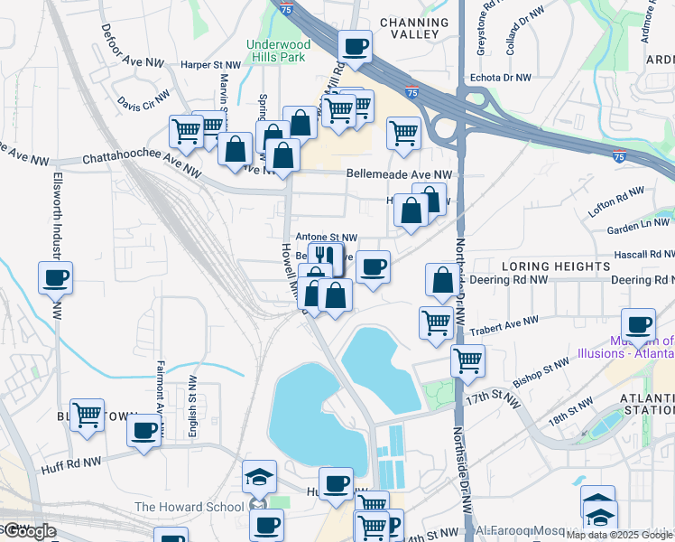 map of restaurants, bars, coffee shops, grocery stores, and more near 777 Forrest Street Northwest in Atlanta