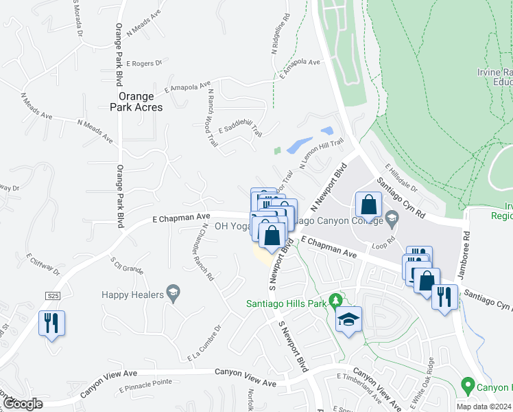 map of restaurants, bars, coffee shops, grocery stores, and more near 515 North Broadmoor Trail in Orange