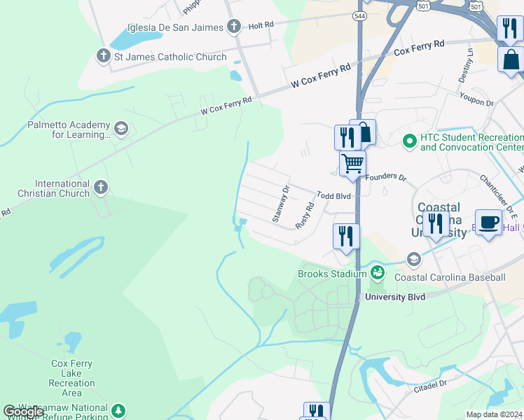 map of restaurants, bars, coffee shops, grocery stores, and more near 606 Lincoln Lane in Conway