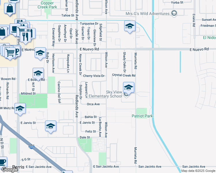 map of restaurants, bars, coffee shops, grocery stores, and more near 1201 Wilson Avenue in Perris