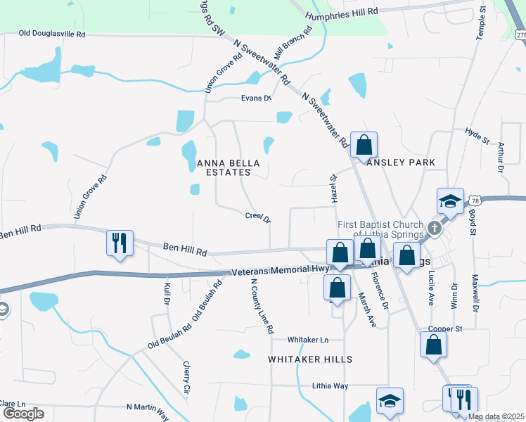 map of restaurants, bars, coffee shops, grocery stores, and more near 6530 Creel Drive in Lithia Springs
