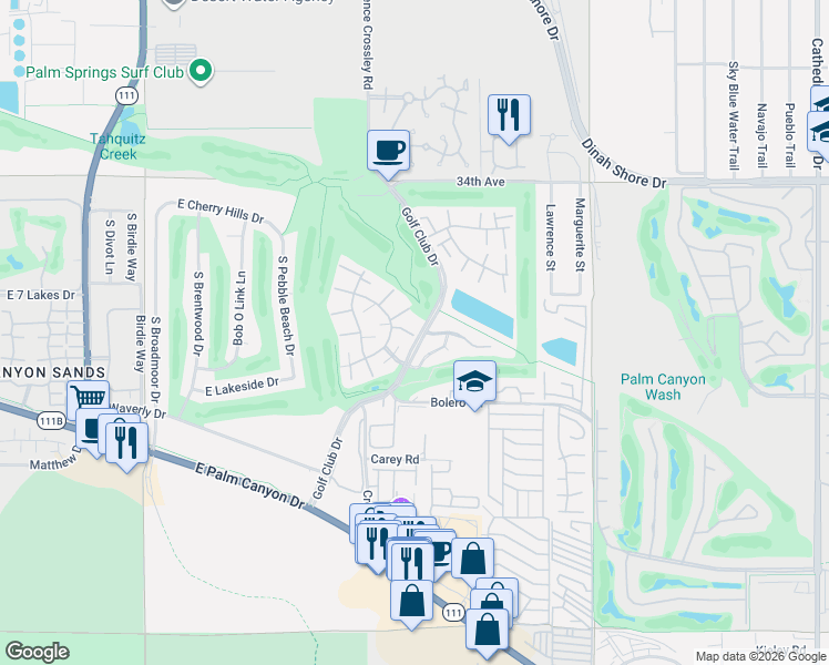 map of restaurants, bars, coffee shops, grocery stores, and more near 2396 Los Coyotes Drive in Palm Springs