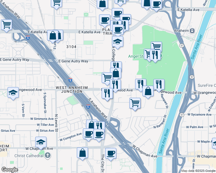 map of restaurants, bars, coffee shops, grocery stores, and more near 500 North State College Boulevard in Orange