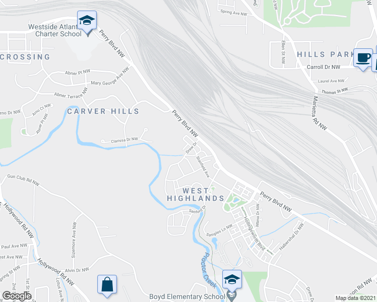 map of restaurants, bars, coffee shops, grocery stores, and more near 2100 Drew Drive in Atlanta