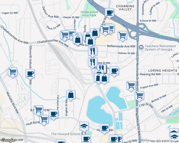 map of restaurants, bars, coffee shops, grocery stores, and more near 1516 Howell Mill Road Northwest in Atlanta