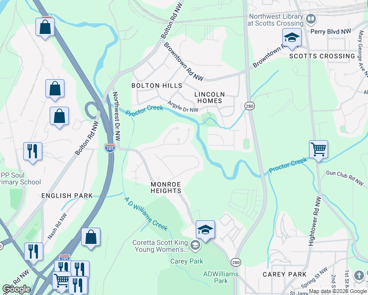 map of restaurants, bars, coffee shops, grocery stores, and more near 2790 Glenlocke Circle Northwest in Atlanta