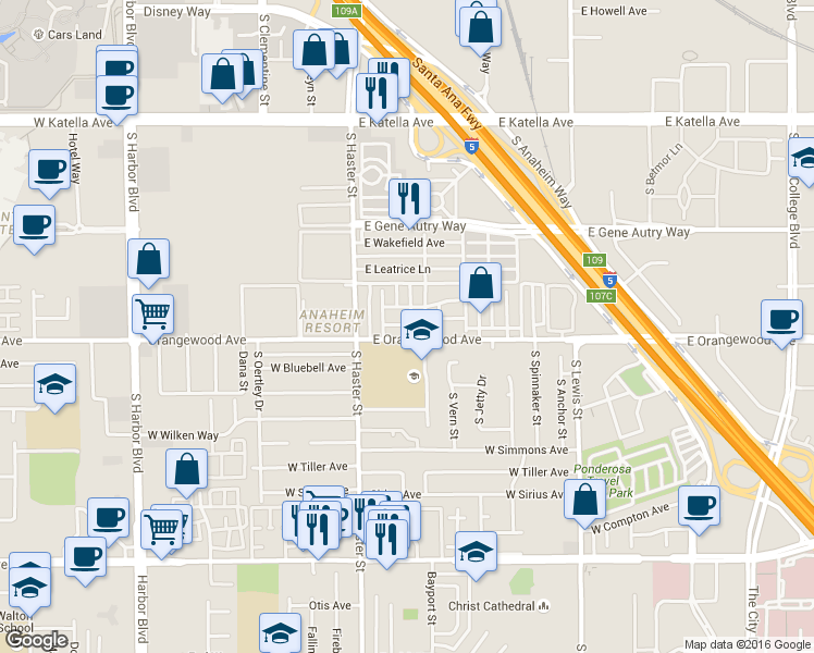 map of restaurants, bars, coffee shops, grocery stores, and more near 235 East Orangewood Avenue in Anaheim