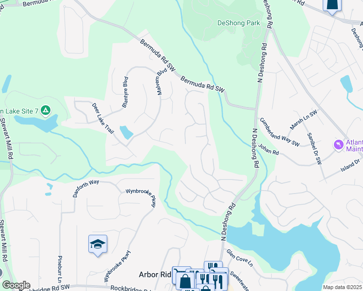 map of restaurants, bars, coffee shops, grocery stores, and more near 6918 Dockbridge Way in Stone Mountain