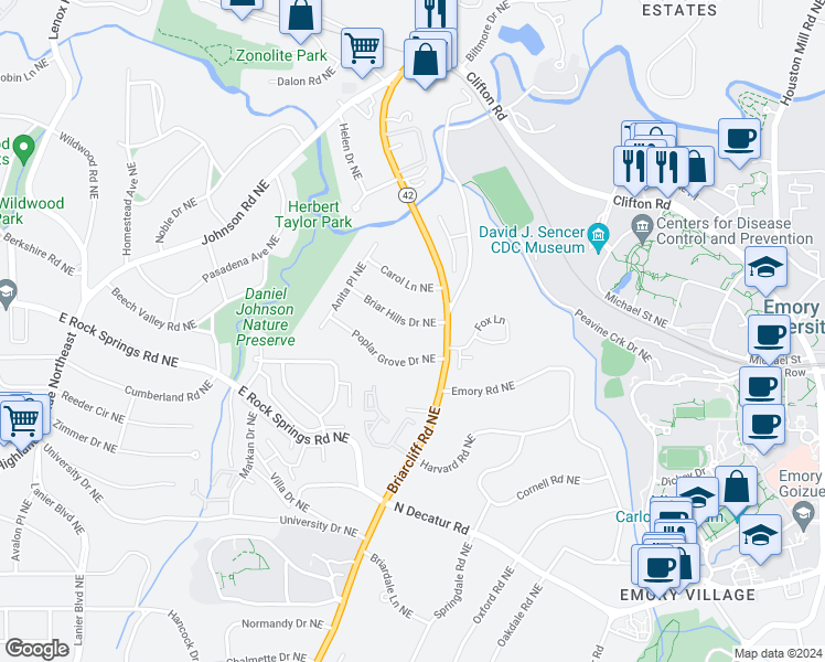 map of restaurants, bars, coffee shops, grocery stores, and more near 1245 Briar Hills Drive Northeast in Atlanta