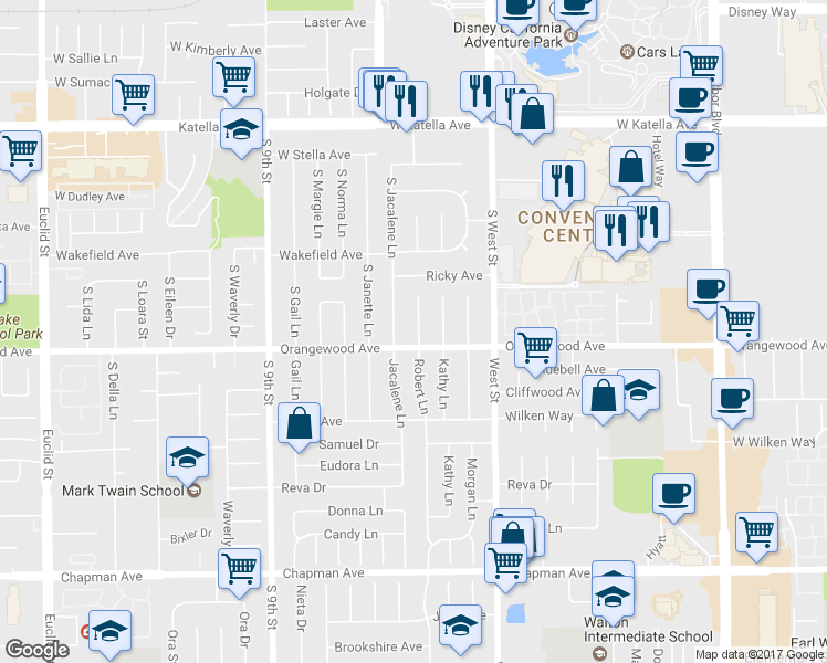 map of restaurants, bars, coffee shops, grocery stores, and more near 11441 Robert Lane in Garden Grove