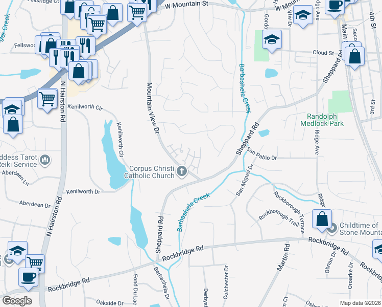 map of restaurants, bars, coffee shops, grocery stores, and more near 624 Garden Walk Drive in Stone Mountain