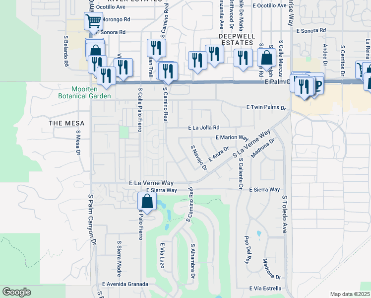 map of restaurants, bars, coffee shops, grocery stores, and more near 1969 South Joshua Tree Place in Palm Springs