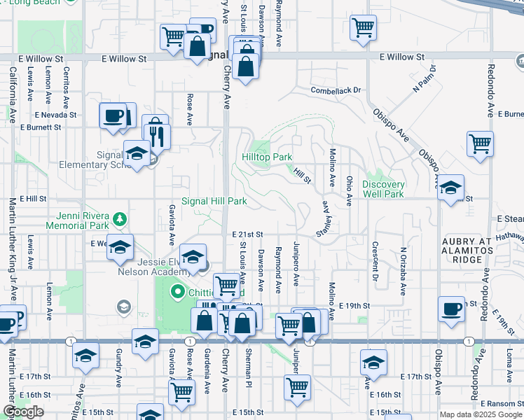 map of restaurants, bars, coffee shops, grocery stores, and more near 2195 Bay View Drive in Signal Hill