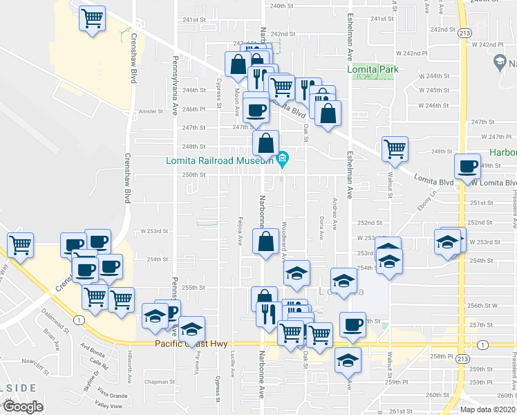 map of restaurants, bars, coffee shops, grocery stores, and more near 25107 Narbonne Avenue in Lomita