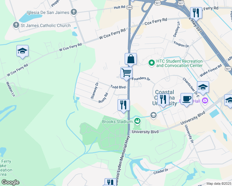 map of restaurants, bars, coffee shops, grocery stores, and more near 604 Lesia Lane in Conway