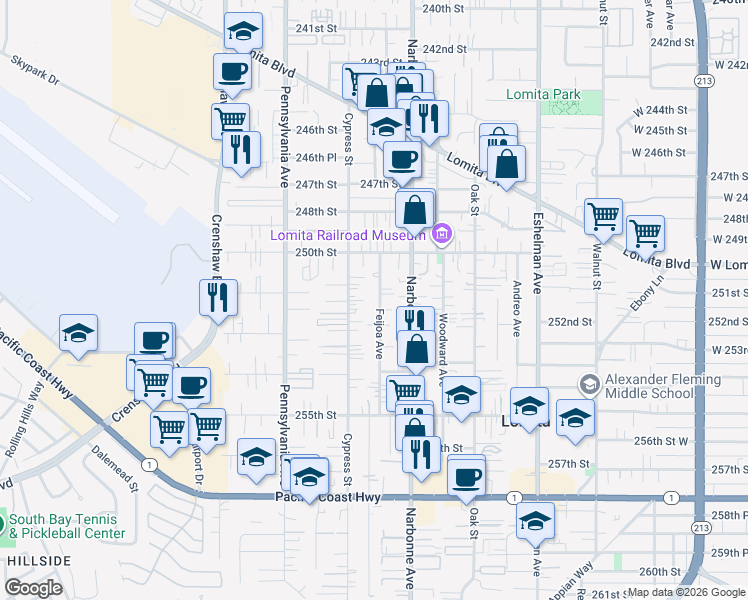 map of restaurants, bars, coffee shops, grocery stores, and more near 25107 Feijoa Avenue in Lomita