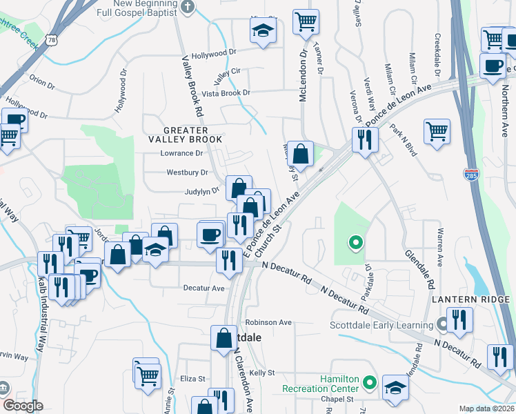 map of restaurants, bars, coffee shops, grocery stores, and more near 627 Valley Brook Road in Scottdale