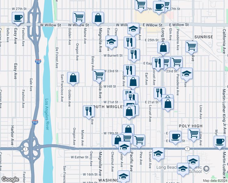 map of restaurants, bars, coffee shops, grocery stores, and more near 2165 Chestnut Avenue in Long Beach