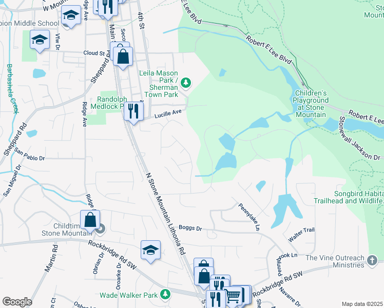 map of restaurants, bars, coffee shops, grocery stores, and more near 670 Pepperwood Lane in Stone Mountain