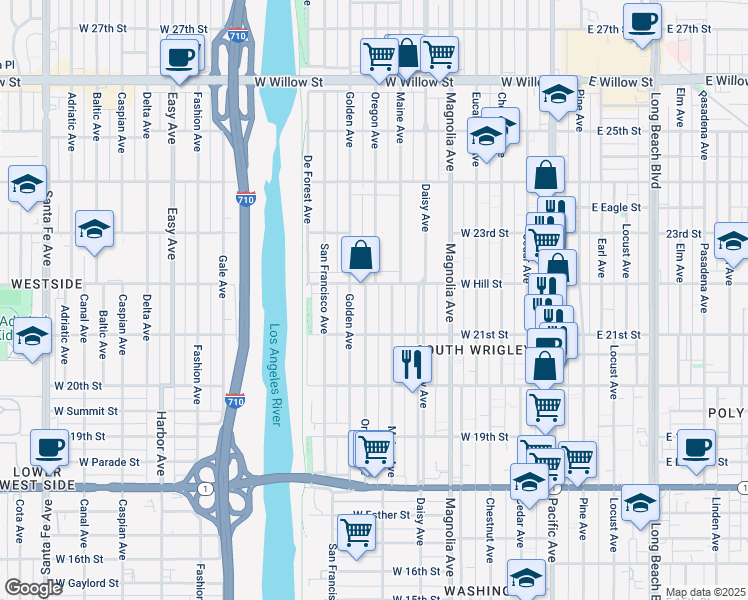 map of restaurants, bars, coffee shops, grocery stores, and more near 2164 Oregon Avenue in Long Beach