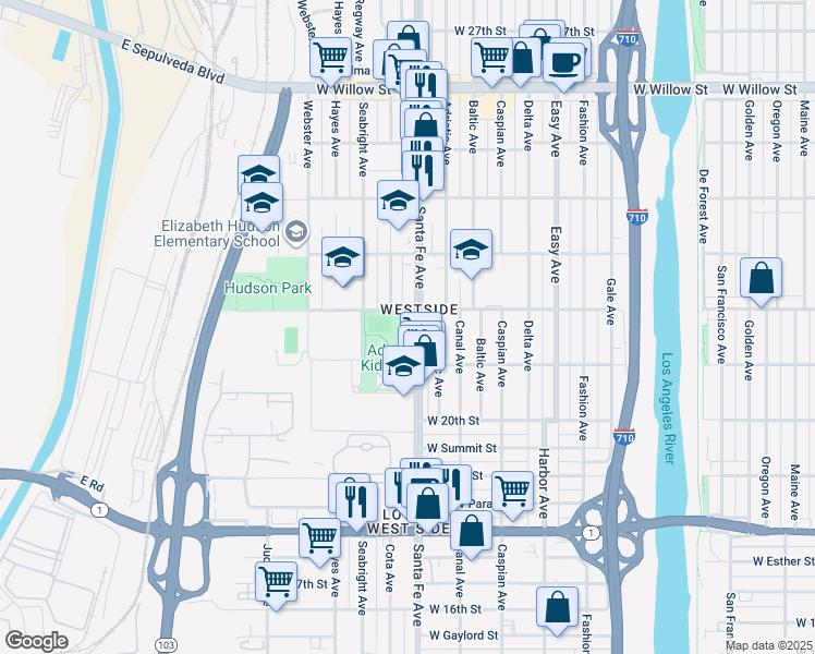 map of restaurants, bars, coffee shops, grocery stores, and more near 2135 Santa Fe Avenue in Long Beach