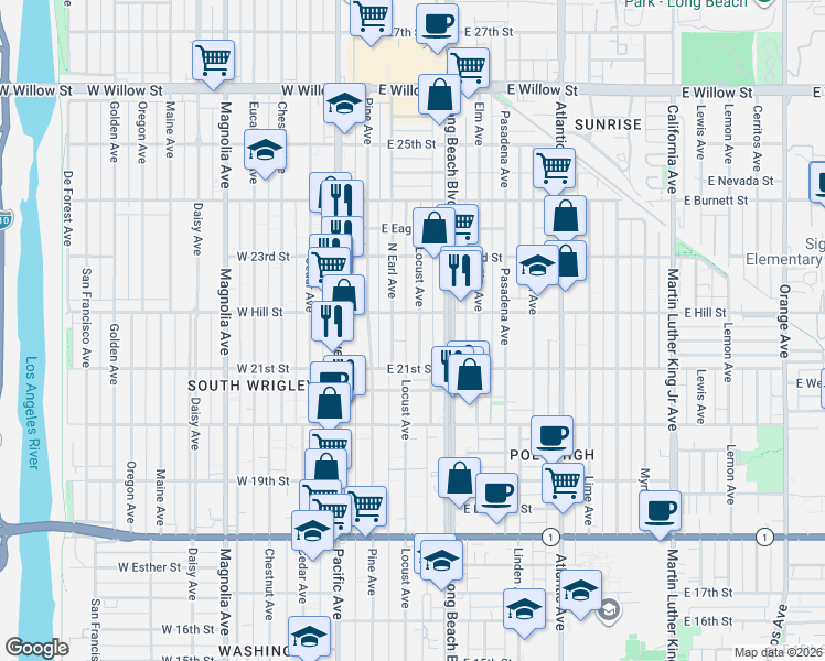 map of restaurants, bars, coffee shops, grocery stores, and more near 2165 Locust Avenue in Long Beach