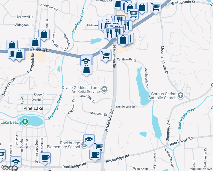 map of restaurants, bars, coffee shops, grocery stores, and more near 4775 Hairston Crossing Road in Stone Mountain