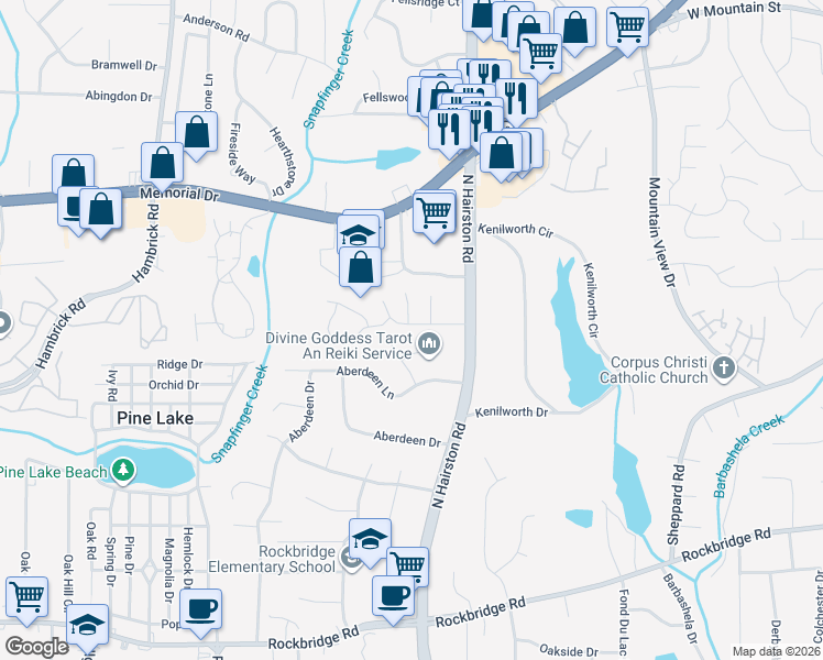 map of restaurants, bars, coffee shops, grocery stores, and more near 4733 Hairston Crossing Road in Stone Mountain