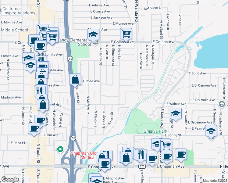 map of restaurants, bars, coffee shops, grocery stores, and more near 2628 East Hamilton Avenue in Orange
