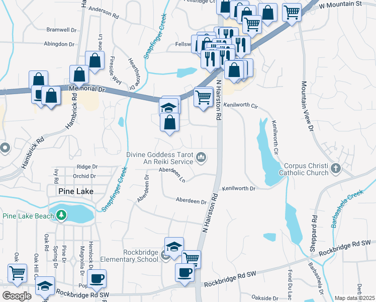 map of restaurants, bars, coffee shops, grocery stores, and more near 4733 Hairston Crossing Road in Stone Mountain
