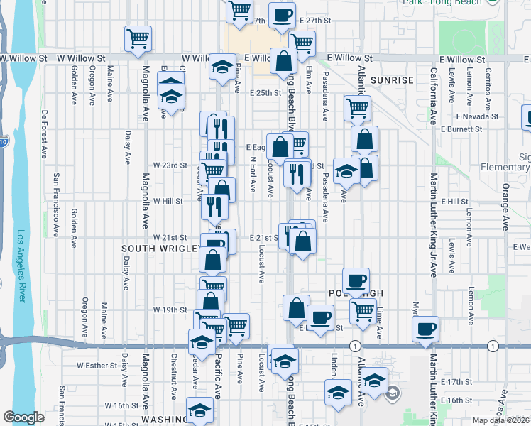 map of restaurants, bars, coffee shops, grocery stores, and more near 2165 Locust Avenue in Long Beach