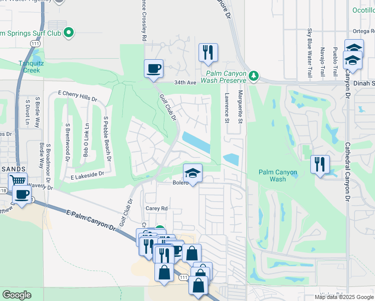 map of restaurants, bars, coffee shops, grocery stores, and more near 47 Portola Drive in Palm Springs