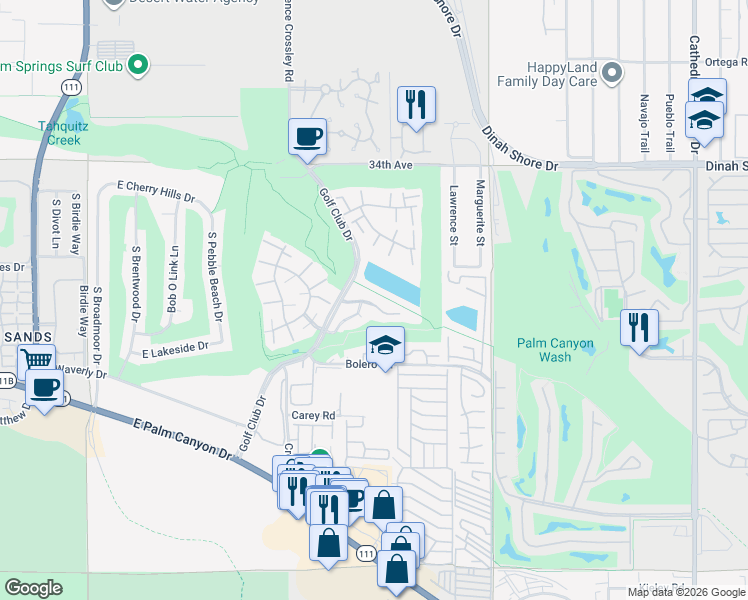 map of restaurants, bars, coffee shops, grocery stores, and more near 47 Portola Drive in Palm Springs
