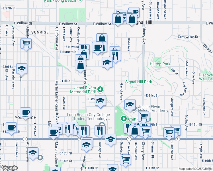 map of restaurants, bars, coffee shops, grocery stores, and more near 2170 Gundry Avenue in Signal Hill